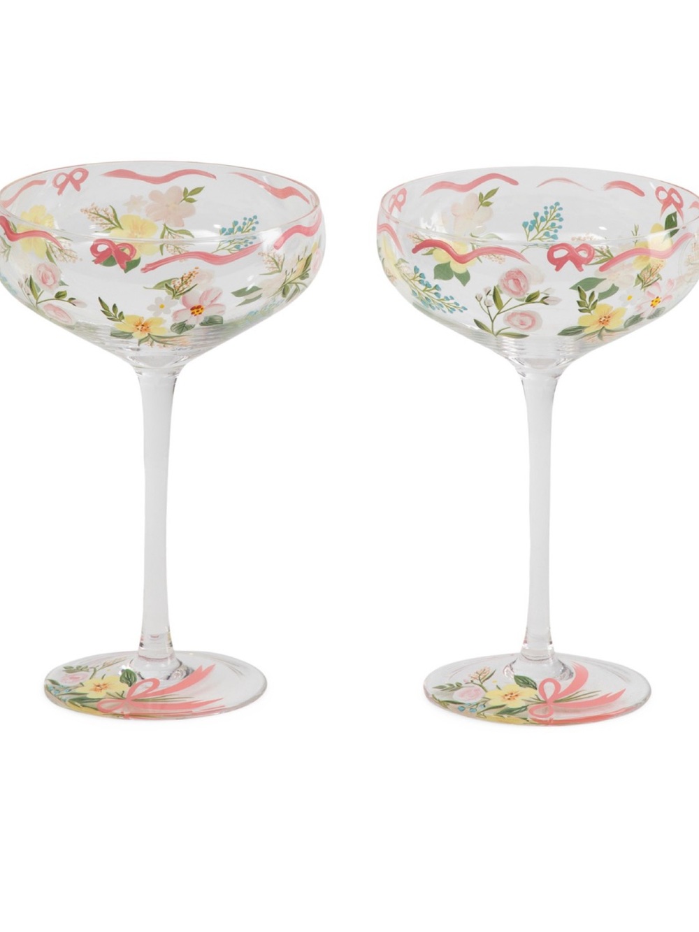 Hand-Painted Floral Coupe Glasses in Pink and Yellow - Set of 2
